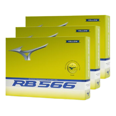 Three boxes of Mizuno 2024 RB 566 Golf Balls (Yellow) by Mizuno are displayed, featuring a bright yellow design with the Mizuno logo and “RB 566” on the front, emphasizing high flight and a softer feel.