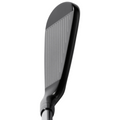 Close-up of the Mizuno 2025 JPX 925 Hot Metal Black Irons Set (5–PW + GW) face, displaying the precision grooves and sleek blacked-out design, with the Mizuno branding visible against a white background.