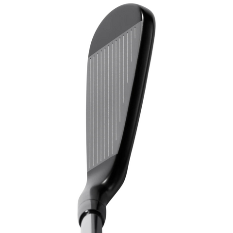 Close-up of the Mizuno 2025 JPX 925 Hot Metal Black Irons Set (5–PW + GW) face, displaying the precision grooves and sleek blacked-out design, with the Mizuno branding visible against a white background.