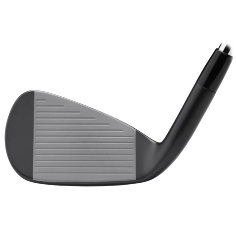A close-up of a Mizuno 2025 JPX 925 Hot Metal Black Irons Set (5–PW + GW) club head, highlighting the grooved face and hosel of this Mizuno iron against a white background.