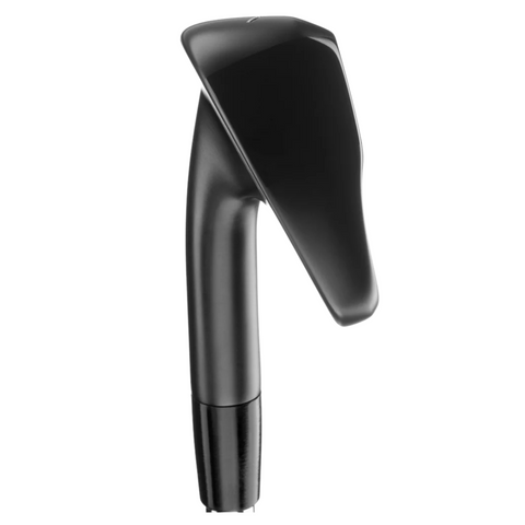 A sleek, black modern bathroom faucet with a flat, slanted spout and cylindrical base features a finish reminiscent of the Mizuno 2025 JPX 925 Hot Metal Black Irons Set by Mizuno, shown against a white background.