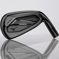 A close-up of the Mizuno 2025 JPX 925 Hot Metal Black Irons Set (5–PW + GW), featuring a sleek black finish and metallic accents, displayed on a light gray background—ideal for golfers seeking high-performance distance irons.