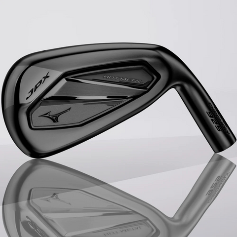 A close-up of the Mizuno 2025 JPX 925 Hot Metal Black Irons Set (5–PW + GW), featuring a sleek black finish and metallic accents, displayed on a light gray background—ideal for golfers seeking high-performance distance irons.
