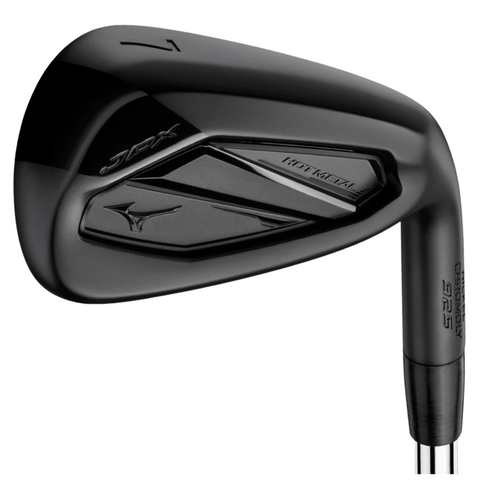 A close-up of the Mizuno 2025 JPX 925 Hot Metal Black Irons Set (5–PW + GW) shows branded details and a sleek, modern design—ideal for golfers wanting stylish, high-performance irons.
