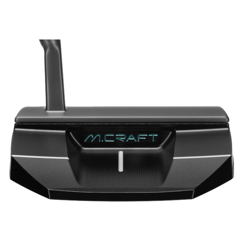 A close-up of the black Mizuno 2025 M-Craft X 04 Putter head, showing a white alignment line and light blue M.Craft text—a high-MOI mallet putter by Mizuno for outstanding stability and control.