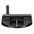 A close-up of a black Mizuno 2025 M-Craft X 05 Putter shows “M. CRAFT” in blue on the back. This forged carbon steel putter from Mizuno features a single white alignment line on top.