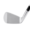 Close-up of a Mizuno 2025 Pro S-1 Irons Set (4–PW) head, highlighting the grooved face and part of the shaft against a white background. Discover the precision and craft behind Mizuno's latest forged irons.