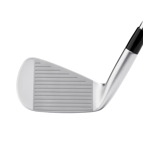 Close-up of a Mizuno 2025 Pro S-1 Irons Set (4–PW) head, highlighting the grooved face and part of the shaft against a white background. Discover the precision and craft behind Mizuno's latest forged irons.