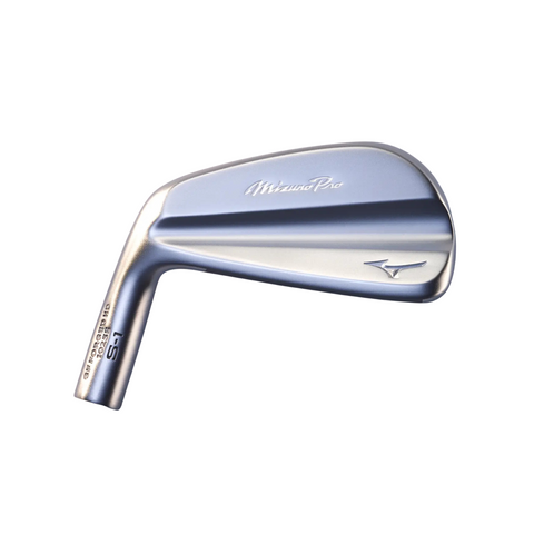 The Mizuno 2025 Pro S-1 Irons Set (4–PW) features a sleek silver design, minimalist style, and the Mizuno logo engraved on each club head, highlighting premium grain flow forged craftsmanship.