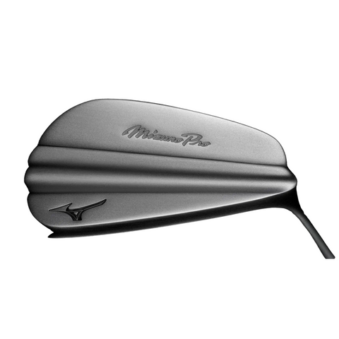 A close-up of the Mizuno 2025 Pro S-1 Irons Set (4–PW) club head highlights its smooth, contoured metallic design, engraved Mizuno branding, and precision grain flow forged craftsmanship.