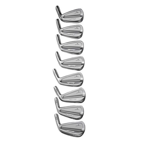 Eight Mizuno 2025 Pro S-3 Irons (4-PW) by Mizuno are arranged vertically in a straight line, each angled right to display their shiny grain flow forged finish and engraved branding on the clubheads.