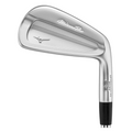 The Mizuno 2025 Pro S-3 Irons Set (4-PW) features a polished silver finish, engraved logo, and model details on the club head and hosel, highlighting Mizuno's grain flow forged craftsmanship in players irons.