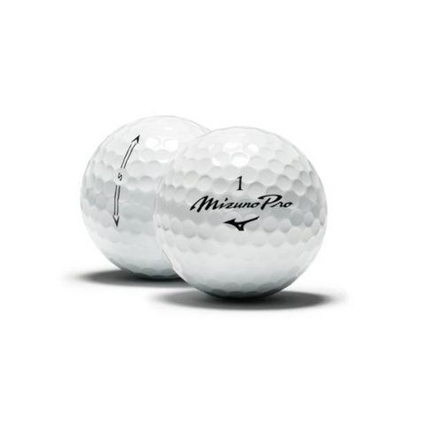 Two white Mizuno 2025 Pro S Golf Balls are shown on a white background—one displays the Mizuno logo, the other is angled to reveal an arrow and number 5—emphasizing their soft urethane cover for tour-level spin.