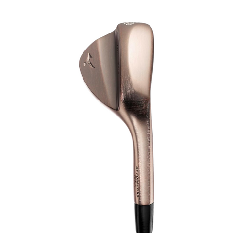 A close-up of the Mizuno 2025 Pro T-1 Denim Copper Wedge highlights its angled club face for superior spin control, with the Mizuno-branded hosel and part of the black grip set against a white background.