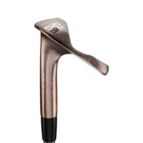 A close-up of a Mizuno 2025 Pro T-1 Denim Copper Wedge features an extended flange design and displays “56°” and “10°” on the clubhead, showcasing its loft and bounce for superior spin control.