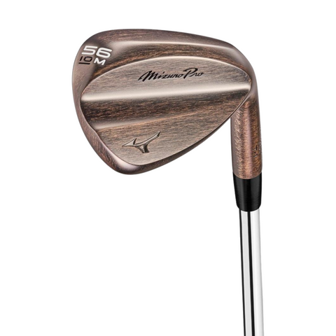 The Mizuno 2025 Pro T-1 Denim Copper Wedge features a 56/10M club head for enhanced spin control, the Mizuno logo, and a sleek silver shaft, all with a stylish denim copper finish.