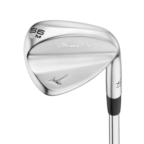 A Mizuno 2025 Pro T-1 White Satin Wedge with 56° loft and 10M bounce, featuring the Mizuno logo on the club head, designed for enhanced spin control, shown against a white background.