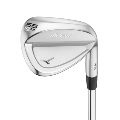 The Mizuno 2025 Pro T-3 White Satin Wedge features 56 10M engraved on the silver clubhead, the Mizuno Pro logo, and a stylized bird above a shiny shaft, delivering exceptional short-game control.