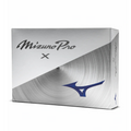 A rectangular silver and white box with Mizuno Pro in cursive, a bold blue Mizuno logo, and a metallic swirl pattern displays the Mizuno 2025 Pro X Golf Balls for tour-level control.