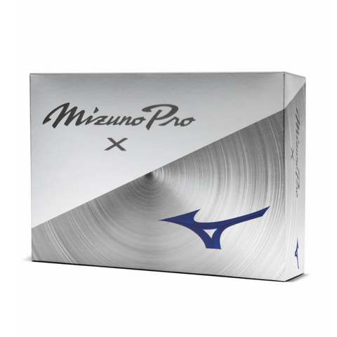 A rectangular silver and white box with Mizuno Pro in cursive, a bold blue Mizuno logo, and a metallic swirl pattern displays the Mizuno 2025 Pro X Golf Balls for tour-level control.