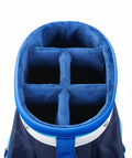 The Mizuno 2025 Tour Cart Bag features six plush-lined dividers for club organization, a navy and white exterior, and a sturdy blue handle—all designed to meet tour-level standards.
