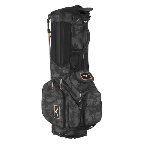 The Mizuno BR-D3 Stand Bag 2024 is a lightweight black and gray camo golf bag with multiple zippered pockets, a top handle, and white stitched Mizuno logos on the front.