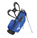 View of the Blue Mizuno BR-DRI WP Stand Bag extended on the stand and with the double shoulder straps clearly showing