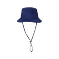 The Mizuno Bucket Sun Hat | L/XL | Navy by Mizuno is a plain navy wide brim hat with an adjustable chin strap, providing lightweight sun protection. Shown on a white background.