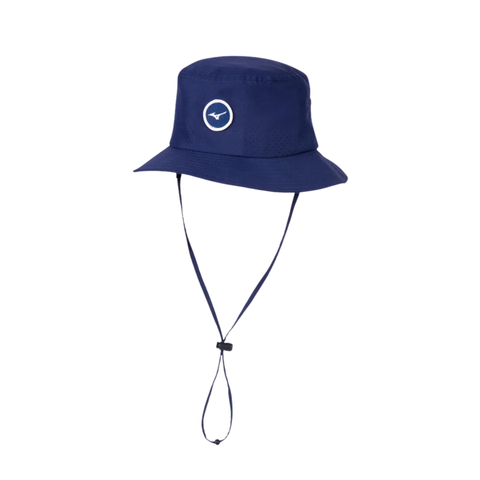 The Mizuno Bucket Sun Hat in Navy (L/XL) features an adjustable chin strap and a front circular white bird logo, providing lightweight sun protection for outdoor activities.