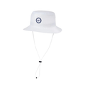 The Mizuno Bucket Sun Hat in White (L/XL) offers lightweight, breathable comfort with a circular bird logo, crown ventilation holes, and an adjustable chin strap for secure sun protection.