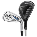 Mizuno JPX 925 Hot Metal HL iron paired with a JPX hybrid club. The iron features a sleek chrome finish with precision-milled grooves for control, while the hybrid showcases a matte black crown with aerodynamic shaping for distance and versatility.