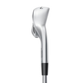 A close-up of a Mizuno JPX 925 Hot Metal HL Women’s Iron Set wedge showcases its sleek, matte silver clubhead against a white background, highlighting the high-launch forgiveness design by Mizuno.