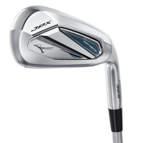 A close-up of the Mizuno JPX 925 Hot Metal HL Womens Irons Set shows silver, blue, and black detailing, featuring HOT METAL and JPX on the head—crafted by Mizuno for high-launch forgiveness.