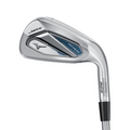 The Mizuno JPX 925 Hot Metal HL Womens Irons Set features a silver design with blue and black accents, JPX and HOT METAL branding, and is engineered for high-launch forgiveness ideal for women golfers.