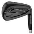 The Mizuno JPX925 Forged Black Irons Set 2025 features a sleek clubhead, striking Black Ion finish, metallic accents, and signature Mizuno branding—crafted with Grain Flow Forging for premium performance against a white background.