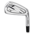 A close-up of a Mizuno JPX925 Forged Irons Set 2025 golf club showcases its sleek, polished silver design with the Mizuno logo and FORGED clearly displayed on the club head.
