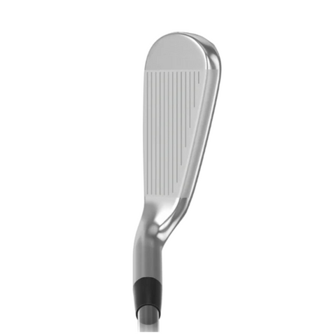 A close-up of the Mizuno JPX925 Hot Metal HL Irons Set by Mizuno showcases the grooves and sleek metallic finish.