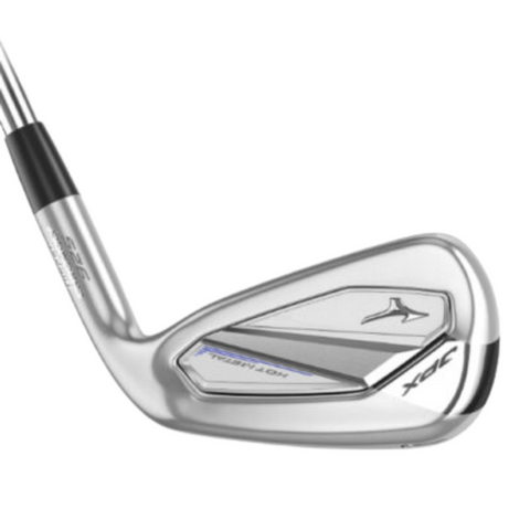 Close-up of a silver Mizuno JPX925 Hot Metal Irons Set (NS Pro Neo Shafts) | 5-PW + GW, displaying the Mizuno logo and JPX branding—perfect for players seeking top-rated mid-handicap irons from Mizuno.