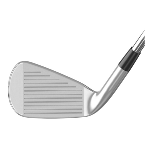A close-up of the Mizuno JPX925 Hot Metal Irons Set (5-PW + GW, NS Pro Neo Shafts) by Mizuno, highlighting the grooved face and part of the NS Pro Neo Shaft against a white background.