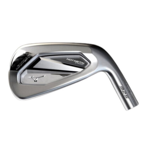 The Mizuno JPX925 Hot Metal Pro Irons Set (5-PW + GW) by Mizuno features a sleek, silver design with engraved text and geometric detailing on the compact players club heads, engineered for fast ball speed, shown against a white background.
