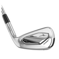 A close-up of the Mizuno JPX925 Hot Metal Pro Irons Set (5-PW + GW), a compact players iron with a sleek silver design, black and gray accents, and Mizuno logo, engineered for fast ball speed.
