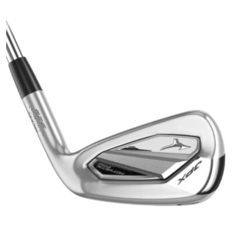 A close-up of the Mizuno JPX925 Hot Metal Pro Irons Set (5-PW + GW), a compact players iron with a sleek silver design, black and gray accents, and Mizuno logo, engineered for fast ball speed.