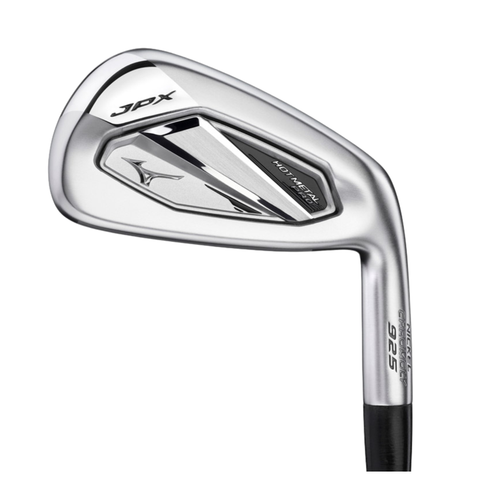 A close-up of the Mizuno JPX925 Hot Metal Pro Irons Set (5-PW + GW), showcasing a sleek, modern silver design with the Mizuno logo, crafted for fast ball speed and ideal for players seeking compact irons.
