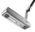 Close-up of the Mizuno M-Craft OMOI 02 Double Nickel Putter head with milling, adjustable weights, engraved branding, and metal shaft.