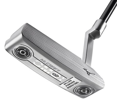 Close-up of the Mizuno M-Craft OMOI 02 Double Nickel Putter head with milling, adjustable weights, engraved branding, and metal shaft.