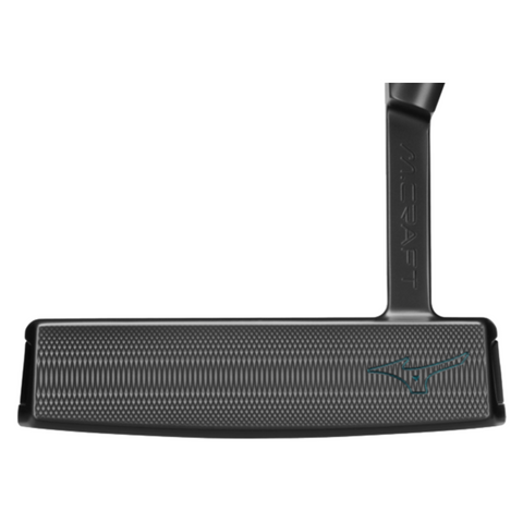 Close-up of the Mizuno M-Craft X 05 Putter 2025 head in black, featuring a textured face and wing logo. M CRAFT is engraved on the neck of this forged carbon steel putter by Mizuno.