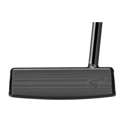 A close-up of the Mizuno M-Craft X 06 Putter 2025 shows its textured, milled face with the Mizuno logo in the lower right corner and an attached black shaft.