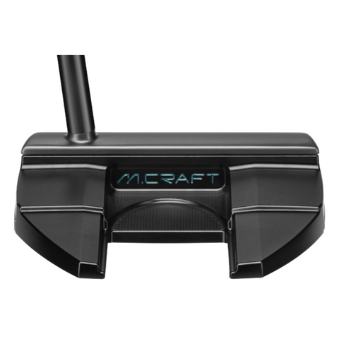A close-up of the Mizuno M-Craft X 06 Putter 2025 head, a precision-milled black putter by Mizuno, features M.CRAFT in blue lettering on the back.