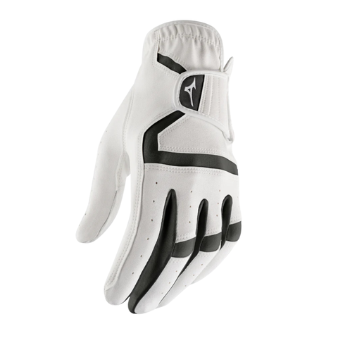 The Mizuno MX Men’s Cadet Glove in white features black accents, breathable perforations, an adjustable Velcro strap, a small Mizuno logo by the wrist, and is designed for a comfortable cadet fit.