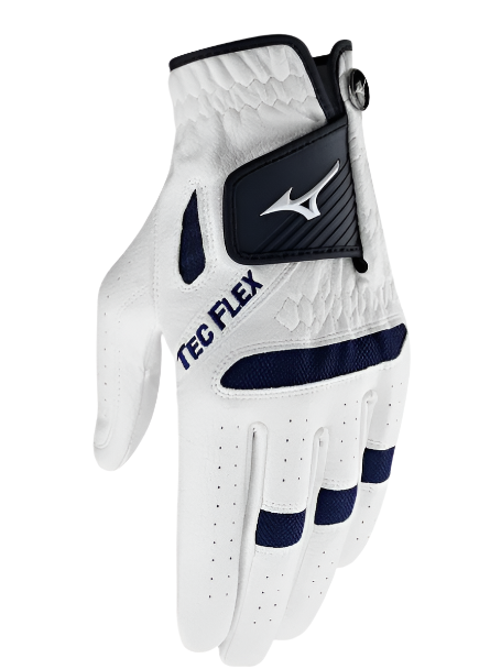 Side angle of Mizuno Tec Flex left-hand golf glove for men, white with navy accents, showing the Velcro strap and perforated fingers.